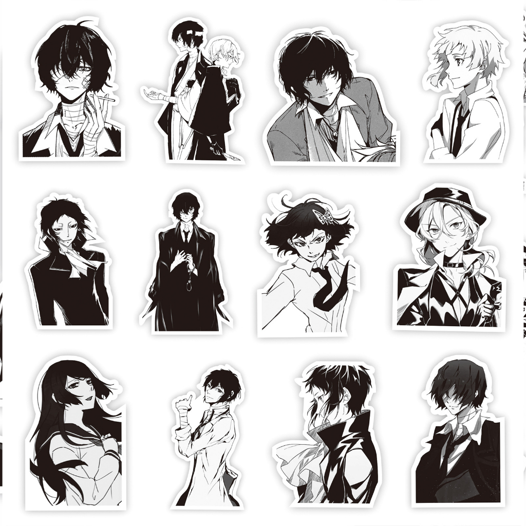 Set 65 Stickers Bungo Stray Dogs / Văn Hào Lưu Lạc | Miếng hình dán trắng đen DIY / không trùng, chống thấm nước
