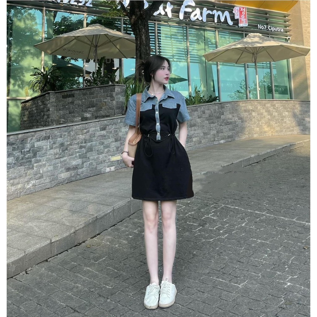 Bigsize Đầm thun sơ mi phối jeans 55-95kg