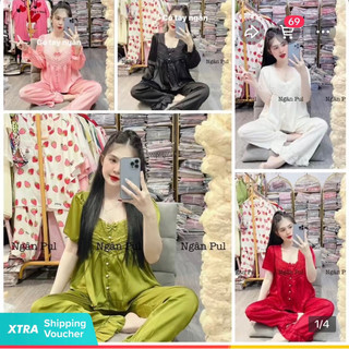 Bộ ngủ lụa xước cổ vuông ren tiểu thư tay cộc quần dài pijama mặc ở nhà cao cấp
