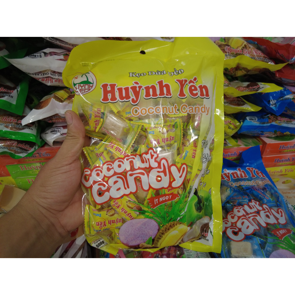 Kẹo dừa Bến Tre Huỳnh Yến chính hãng vị Sầu riêng - Túi 500g, Kẹo dừa ít ngọt gia truyền, mềm dẻo đậm đà vị dừa