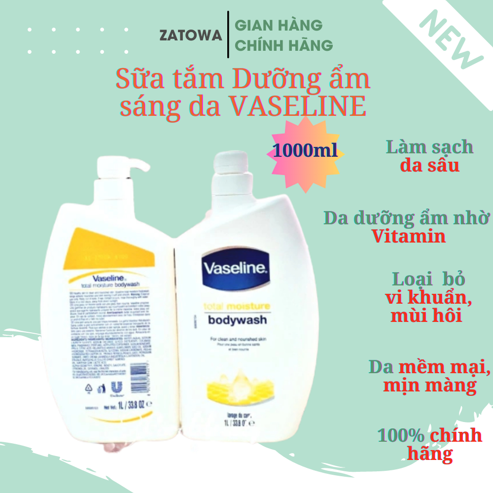 Sữa Tắm Dưỡng Ẩm Trắng Da Vaseline 1L Total Moisture Body Wash Làm Sạch Dưỡng Ẩm Sâu Giúp Da Mịn Màng Trắng Sáng