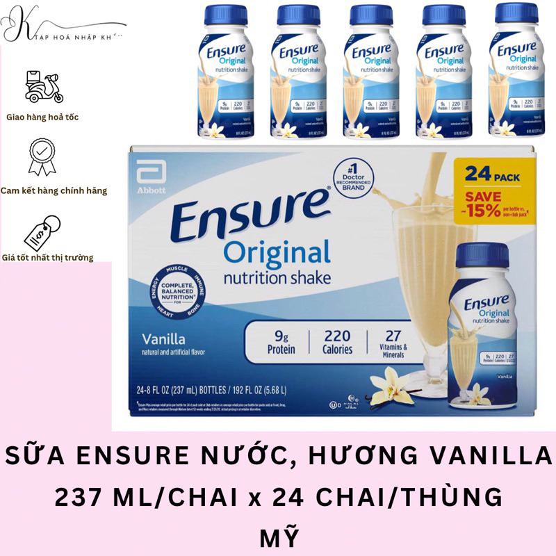 (SALE SALE 7/24,Có ship hoả tốc) SỮA NƯỚC ENSURE ORIGINAL NUTRITION SHAKE, HƯƠNG VANILLA, 237ML/CHAI x 24 CHAI/THÙNG