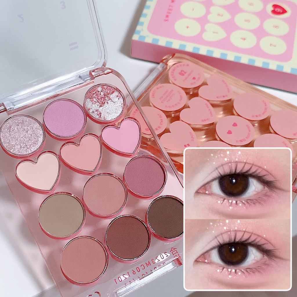 Bảng phấn mắt SWEET MINT 12 trái tim ô makeup tone cam hồng đào