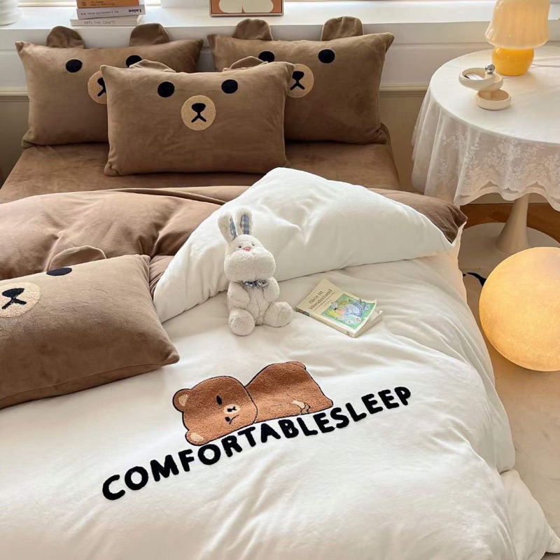 Bộ chăn ga gối nỉ nhung Comfotable Sleep gấu thỏ