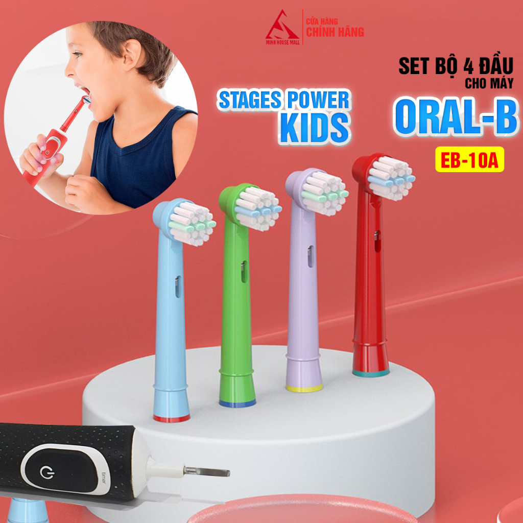 Set bộ 4 đầu bàn chải Trẻ em EB-10A Minh House cho máy đánh răng điện Oral B, Stages Power