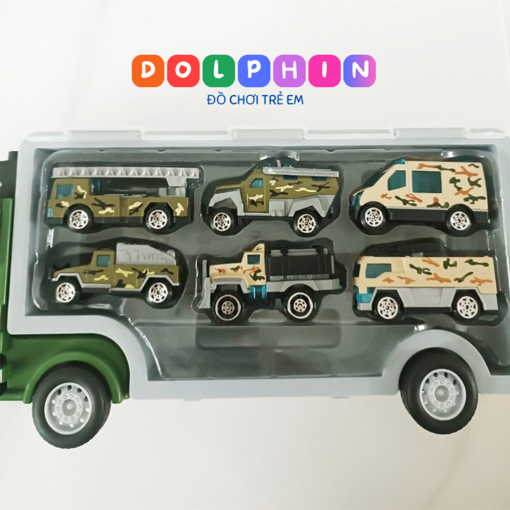 Xe tải đồ chơi container xe kéo kèm 6 xe con Kim loại