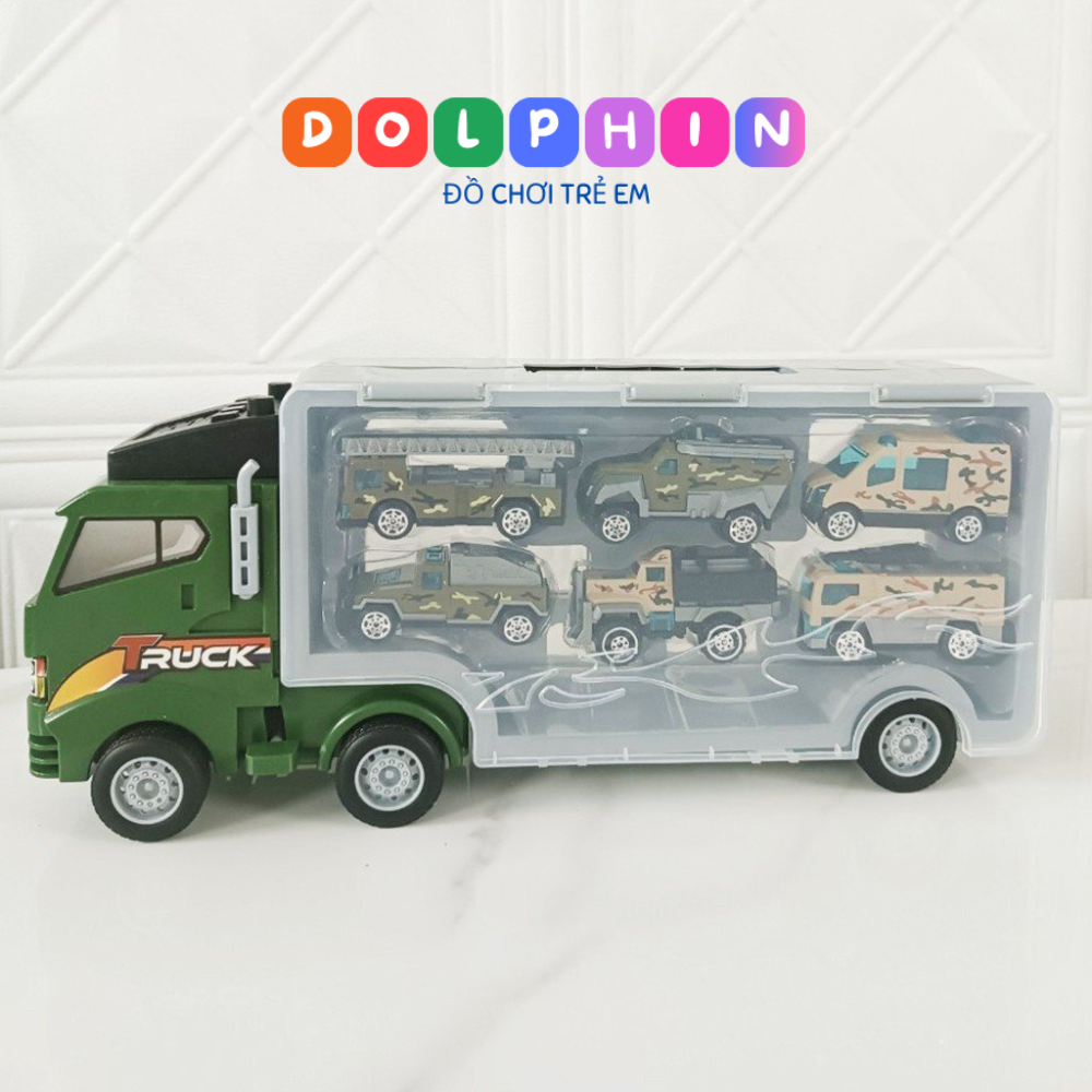 Xe tải đồ chơi container xe kéo kèm 6 xe con Kim loại