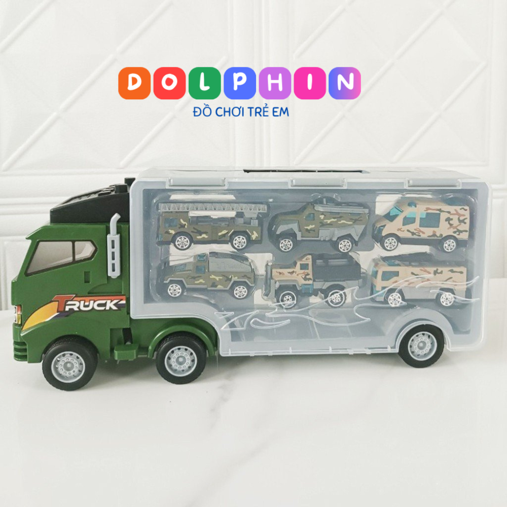 Xe tải đồ chơi container xe kéo kèm 6 xe con Kim loại
