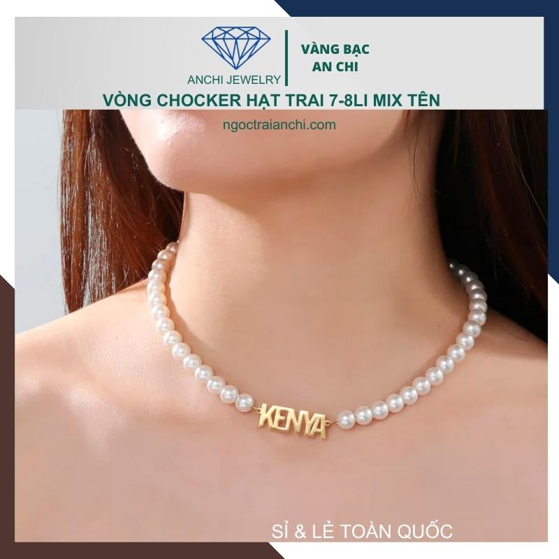 Vòng cổ choker hạt trai mặt bạc xi vàng khắc theo tên - size 7mm độ bóng 4A, ít tỳ vết - Anchi jewelry