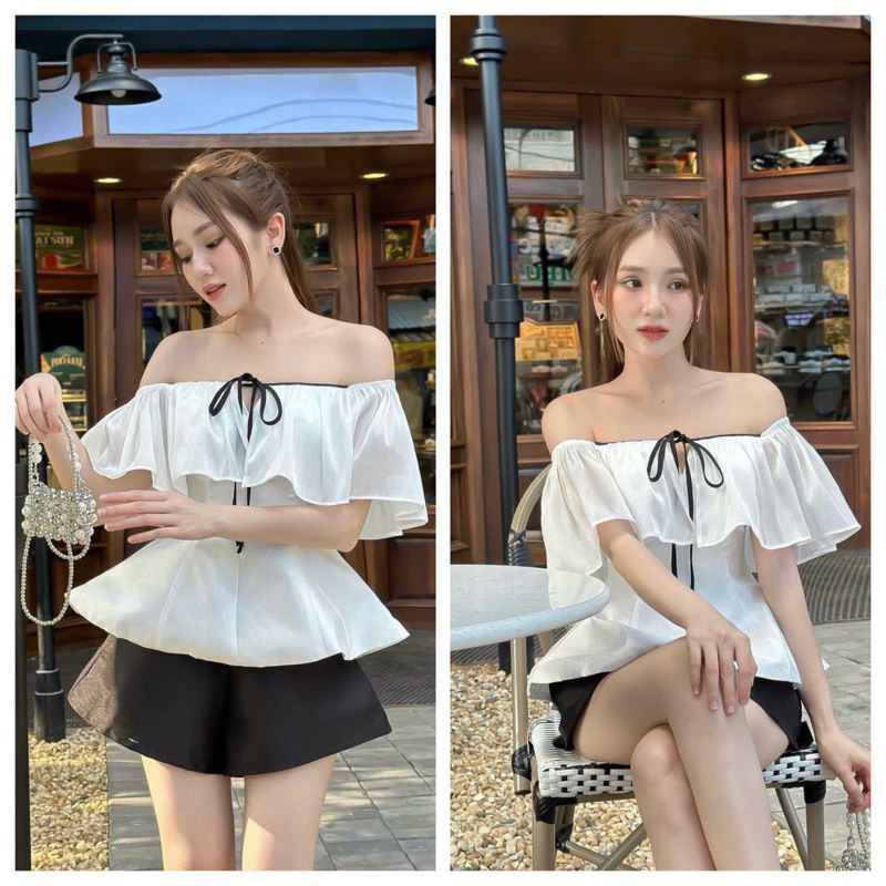 Sét Bộ Nữ Bộ Đùi Kèm Áo Trễ Vai Phối Bèo Che Mọi Khuyết Điểm Thích Hợp Diện Hè, Đi Chơi Đi Du Lịch Có Mút Ngực Đính Kèm
