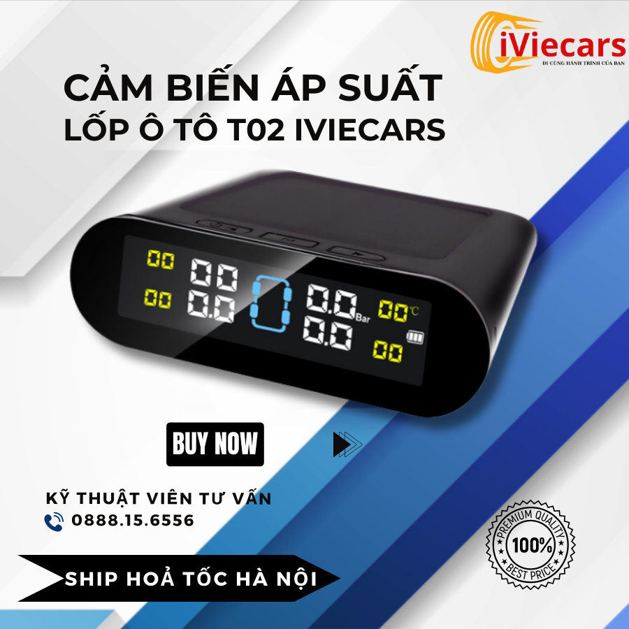 Cảm Biến Áp Suất Lốp Ô Tô T02 Iviecars Giá Rẻ Van Gắn Ngoài Màn Hình LCD, Năng Lượng Mặt Trời Có Tiếng Việt