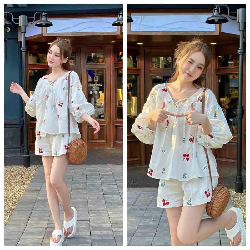 Set áo tay phồng cột nơ( quần có lót )trẻ trung đáng yêu đi chơi đi du lịch đi dạo phố đều phù hợp