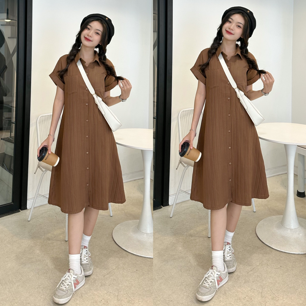 Combo váy ba lỗ và váy sơ mi tay hến chất đũi gân dáng xòe dài 29feb.closet