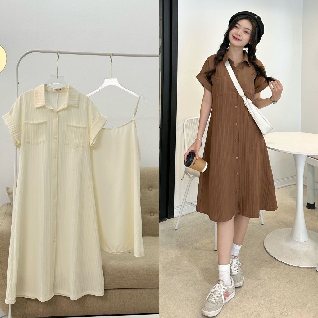 Combo váy ba lỗ và váy sơ mi tay hến chất đũi gân dáng xòe dài 29feb.closet