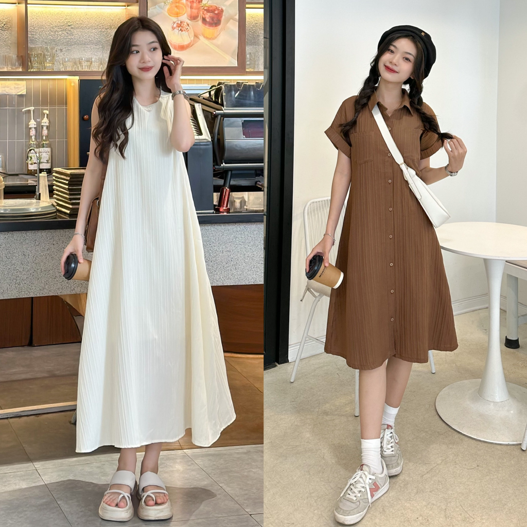 Combo váy ba lỗ và váy sơ mi tay hến chất đũi gân dáng xòe dài 29feb.closet