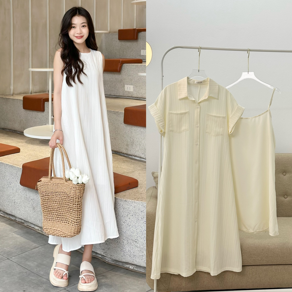 Combo váy ba lỗ và váy sơ mi tay hến chất đũi gân dáng xòe dài 29feb.closet