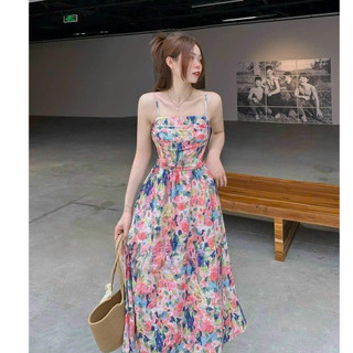 Đầm 2 dây dự tiệc thời trang nữ chất voan hoa có mút nhún ngực chạy smocking thân sau dáng váy dài có lót maxi