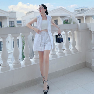 Set linen áo blazer nữ sát nách và quần short lật lai, set vest ngắn - Hee