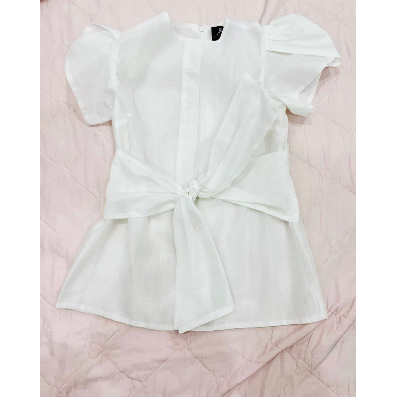 Áo voan tay phồng nơ eo H2B trắng size S