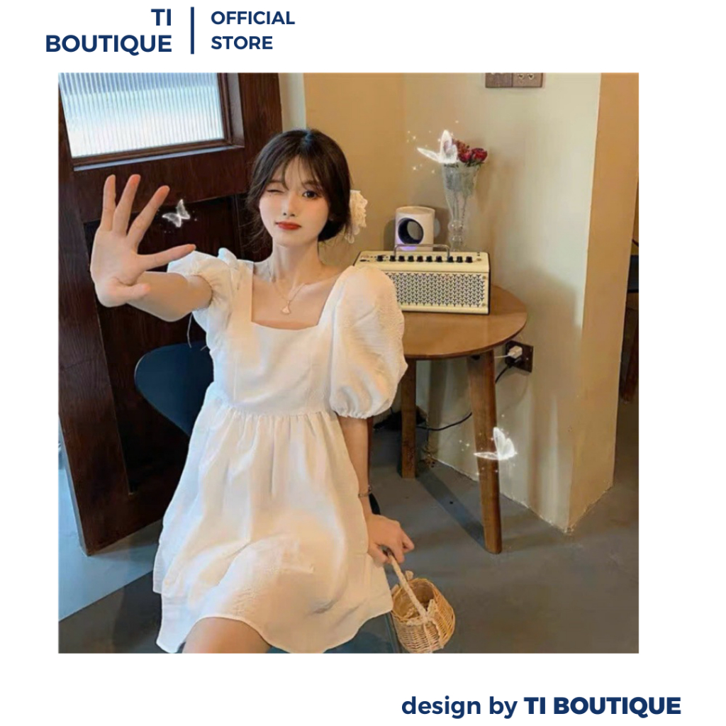 Đầm Nữ Cổ Vuông Tay Ngắn Phồng Nữ Tính, Đâm Babydoll Đi Picnic Form Ngắn Dáng Xòe Màu Trắng Hồng Xanh