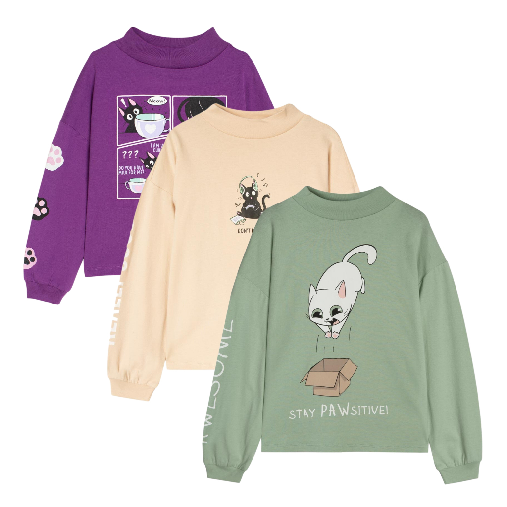 Áo dài tay bé gái xuất dư, áo thu đông cổ cao cho trẻ em chất cotton in hình cute