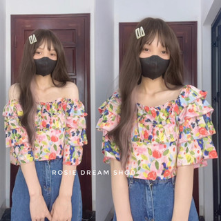 Áo trễ vai kẻ hồng tay bồng tầng, áo croptop