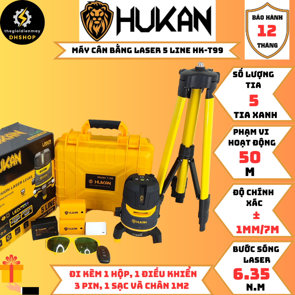 Máy cân bằng laser 5 tia xanh cảm ứng HUKAN T99. Đèn led siêu sáng có thể điều chỉnh. Tặng chân đế 1m2.