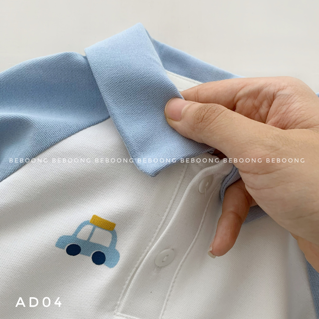Áo phông polo raglan bé trai in hình ô tô khủng long Beboong