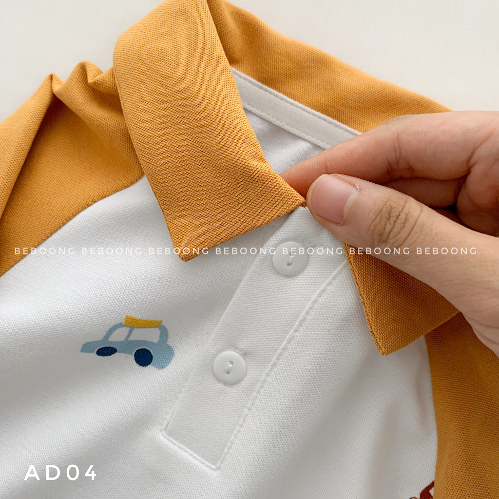 Áo phông polo raglan bé trai in hình ô tô khủng long Beboong
