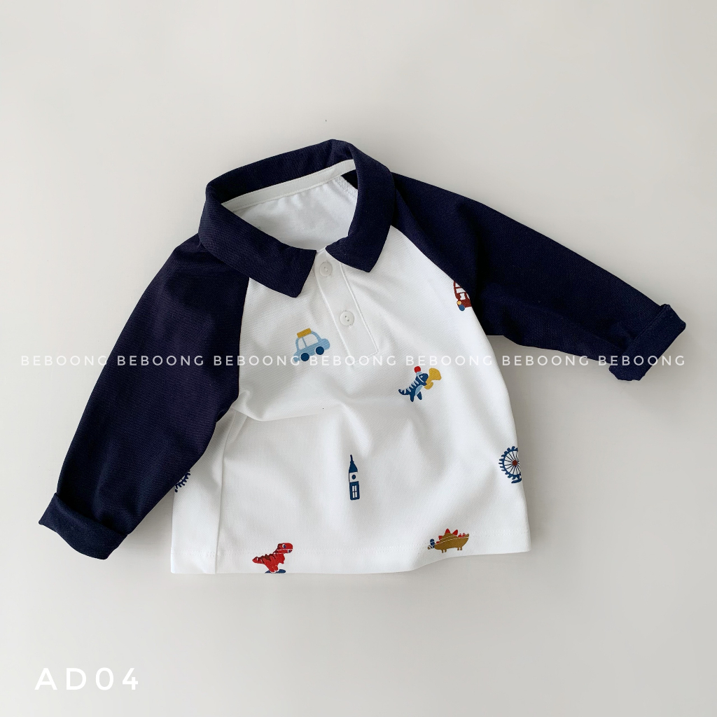 Áo phông polo raglan bé trai in hình ô tô khủng long Beboong