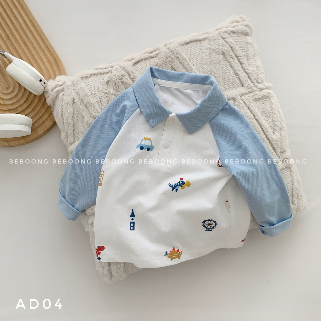 Áo phông polo raglan bé trai in hình ô tô khủng long Beboong