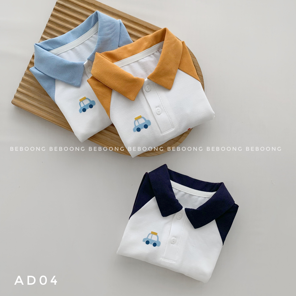 Áo phông polo raglan bé trai in hình ô tô khủng long Beboong