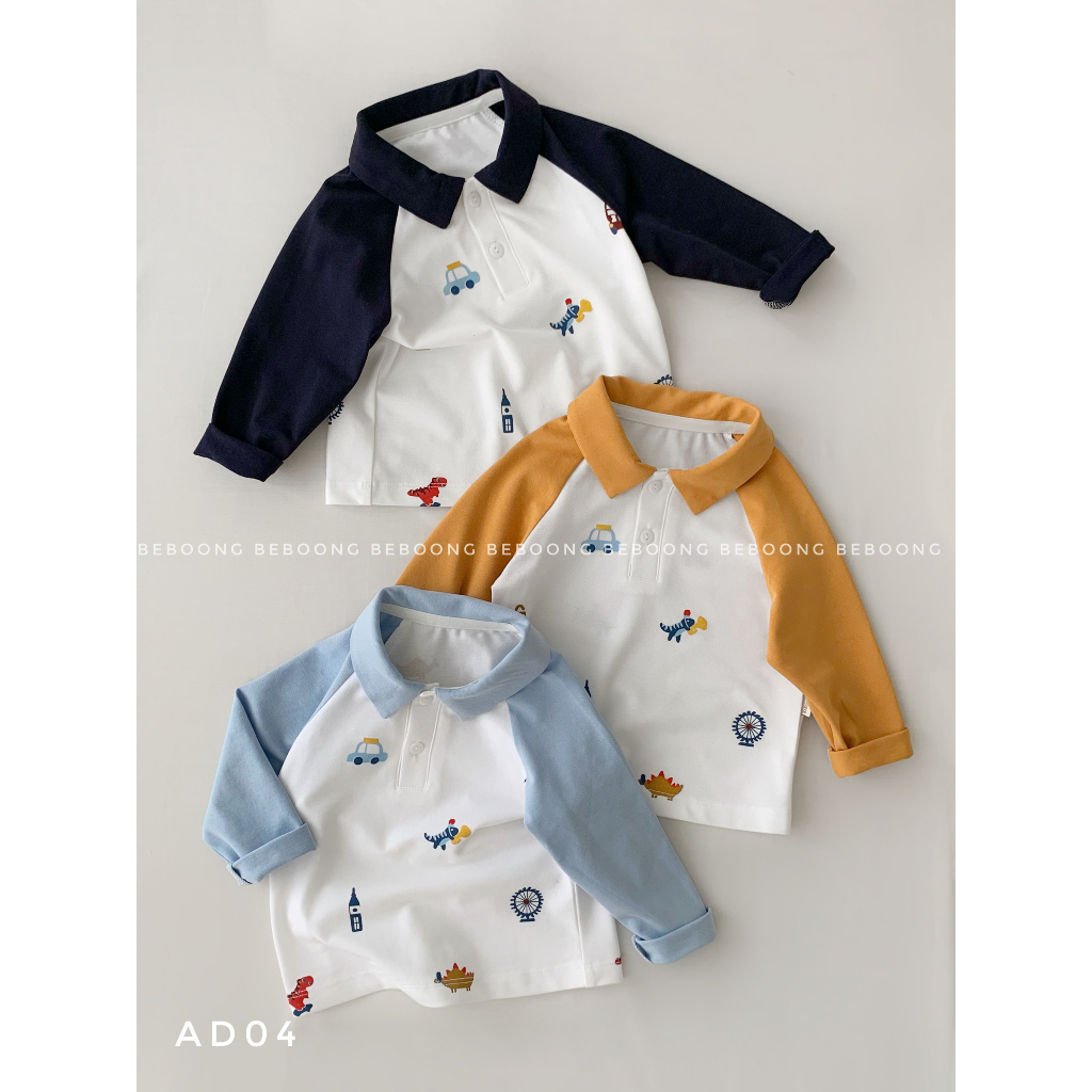 Áo phông polo raglan bé trai in hình ô tô khủng long Beboong