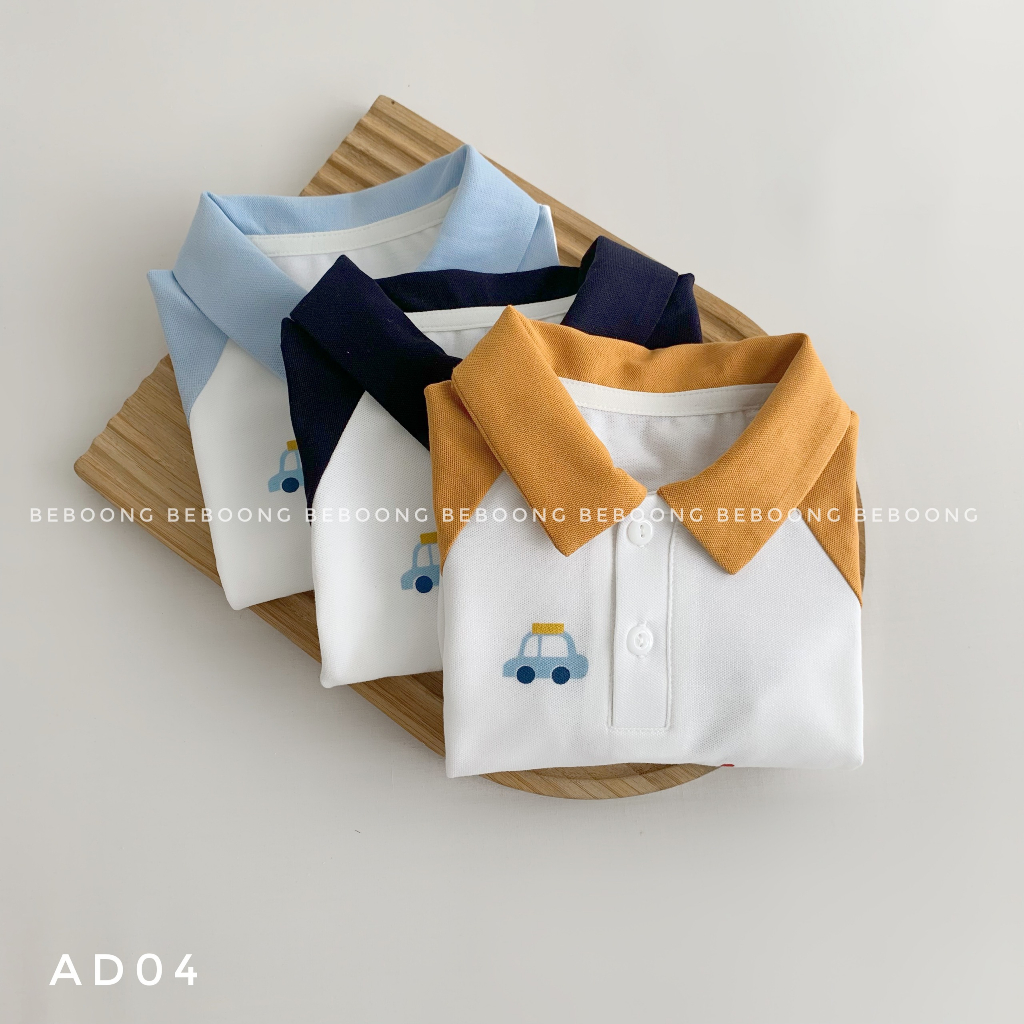 Áo phông polo raglan bé trai in hình ô tô khủng long Beboong