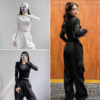 Áo croptop tay dài cổ tròn nữ ôm body, áo thun croptop chất liệu thun tăm co giãn