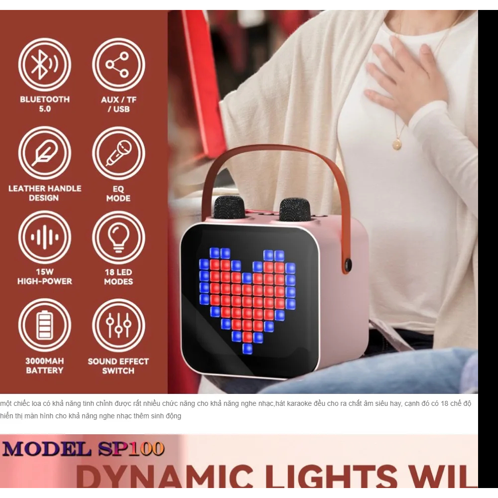 Loa Karaoke Mini SP-100 LED RGB Kèm 2 Micro Không Dây