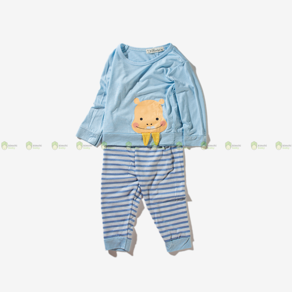 Đồ Bộ Cho Bé Gái, Bé Trai RIMINO Vải Thun Lạnh Hoạ Tiết Động Vật Quần Kẻ, Bộ Dài Tay Cho Bé Mặc Nhà Thu Đông KWTD303