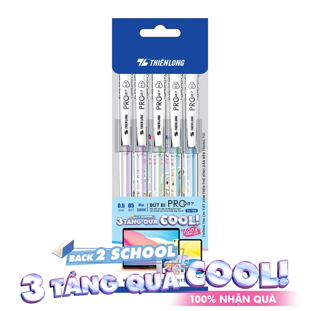 Túi 5 Bút bi Thiên Long 027 Pro ngòi 0.5mm mực xanh/đen thân bút màu pastel thời trang, tự động thu ngòi TL-105