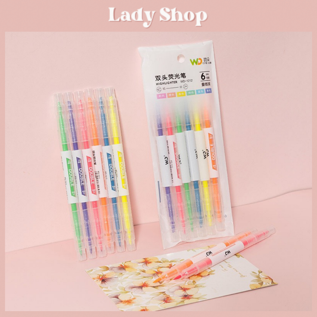 Combo 6 Bút 12 Màu Bút Nhớ Bút Highlight Bút Đánh Dấu Bút Dạ 2 Đầu Mực Cực Xinh Dành Cho Học Sinh / Sinh Viên