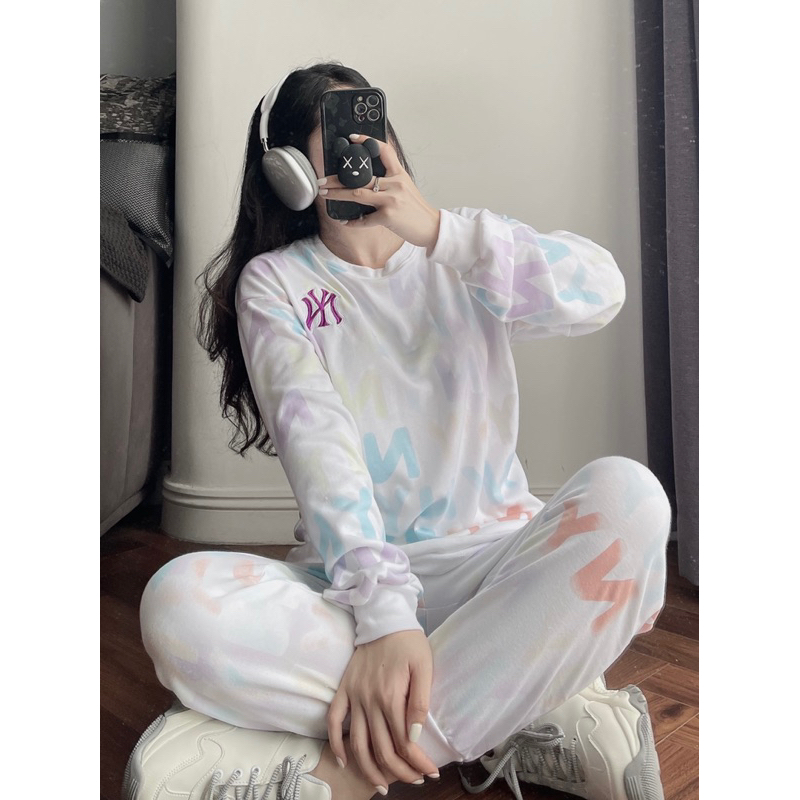 Sét bộ nỉ dài tay MLB in tràn chữ NY màu trắng cho nữ