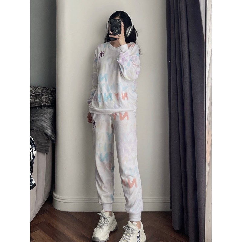 Sét bộ nỉ dài tay MLB in tràn chữ NY màu trắng cho nữ