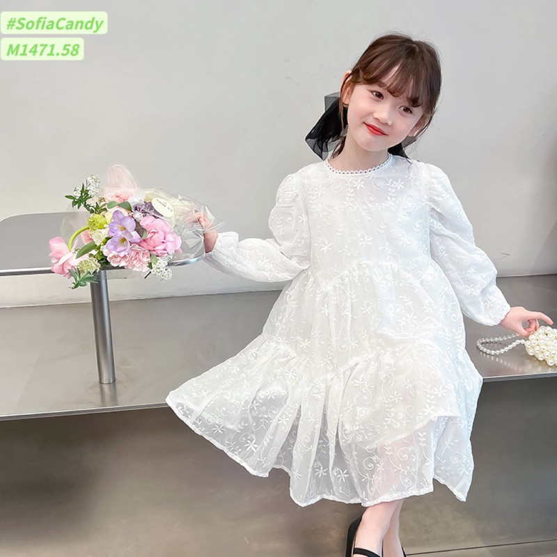Váy trắng dài tay thêu hoa Sofia