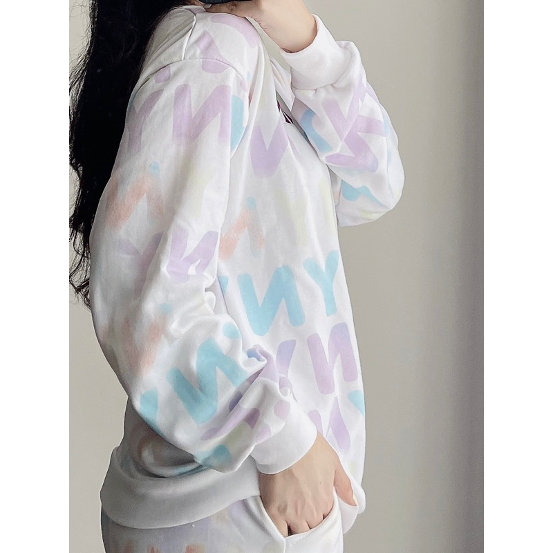 Sét bộ nỉ dài tay MLB in tràn chữ NY màu trắng cho nữ