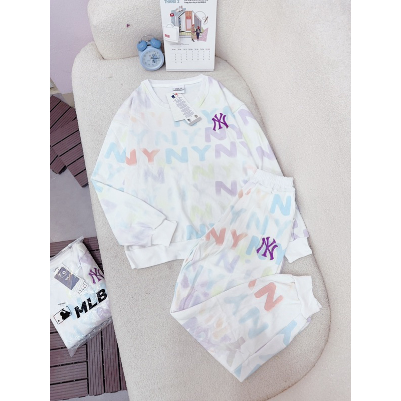 Sét bộ nỉ dài tay MLB in tràn chữ NY màu trắng cho nữ