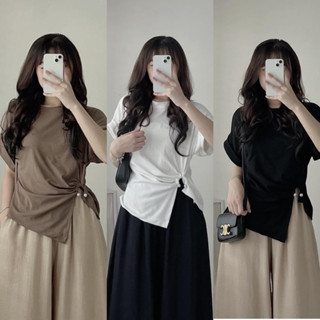 Áo Thun Kiểu Nữ Douyin Style Trơn Tay Hến Cài Móc Đính Ngọc Nhún Eo