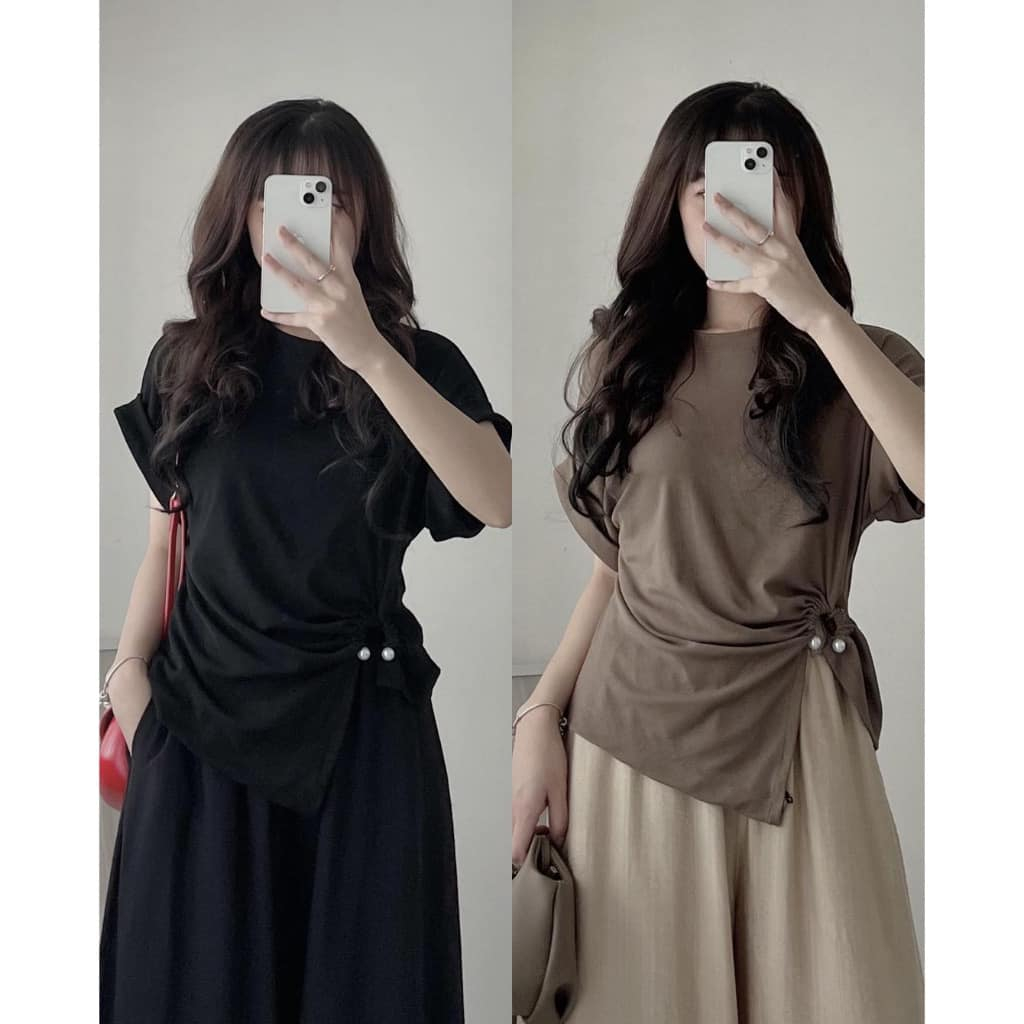 Áo Thun Kiểu Nữ Douyin Style Trơn Tay Hến Cài Móc Đính Ngọc Nhún Eo