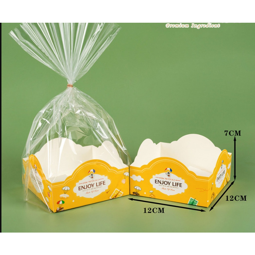 Set 100 Túi nilong đựng bánh quy/ bánh mì/ bánh cookie kèm đế giấy vuông thành thấp/ thành cao hình gấu, enjoy