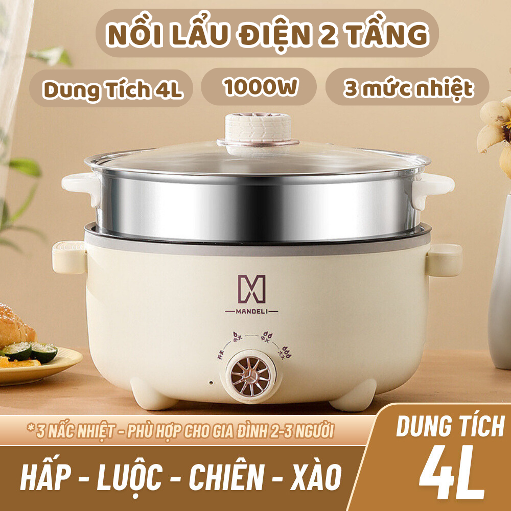 Nồi Lẩu Điện Mini MANDELI, Nồi Điện Đa Năng Kèm Xửng Hấp Inox Dung Tích 4L Phù Hợp Cho Gia đình 2-3 Người