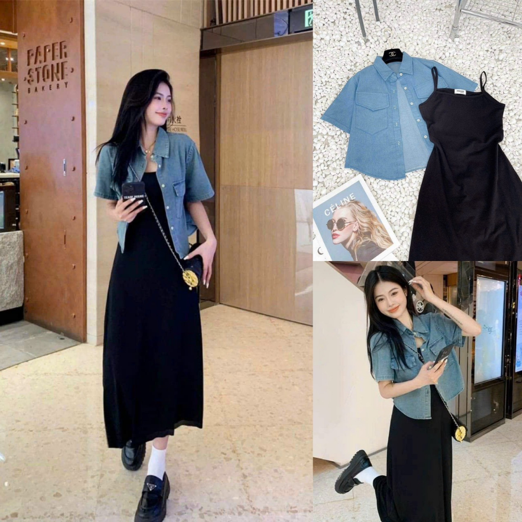 Set bộ đồ nữ váy đầm nữ dáng dài hai dây cùng với áo khoác ngoài cổ sơ mi tay ngắn có túi trẻ trung