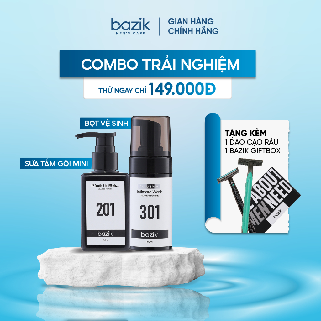 Combo Trải Nghiệm Bazik - Sữa tắm gội mini hương nước hoa nam tính 100ml & Dung dịch vệ sinh 100ml